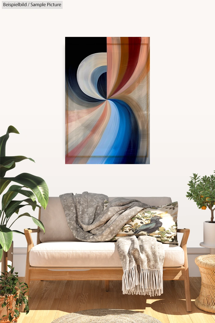 Abstract painting with swirling colors including blue, beige, and brown, hanging above a cozy sofa with plants.