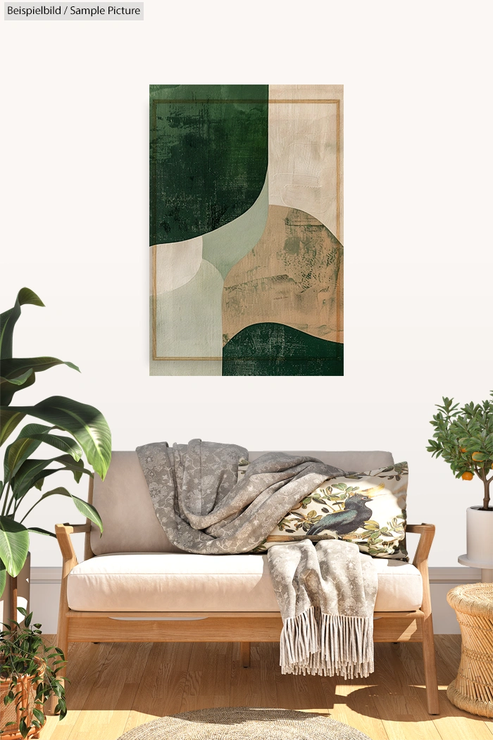 Stylish living room with abstract green and beige wall art, wooden floor, plants, and a cozy sofa with throw pillows.