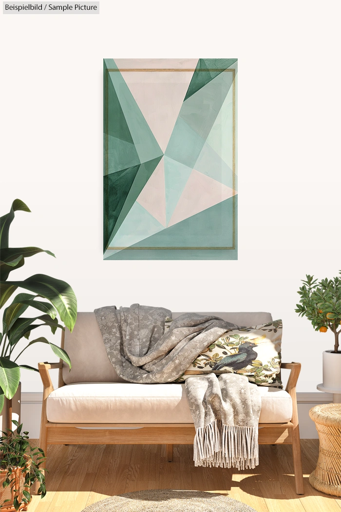 Cozy room with wooden couch, green plants, abstract geometric artwork and neutral cushions and throw blanket.