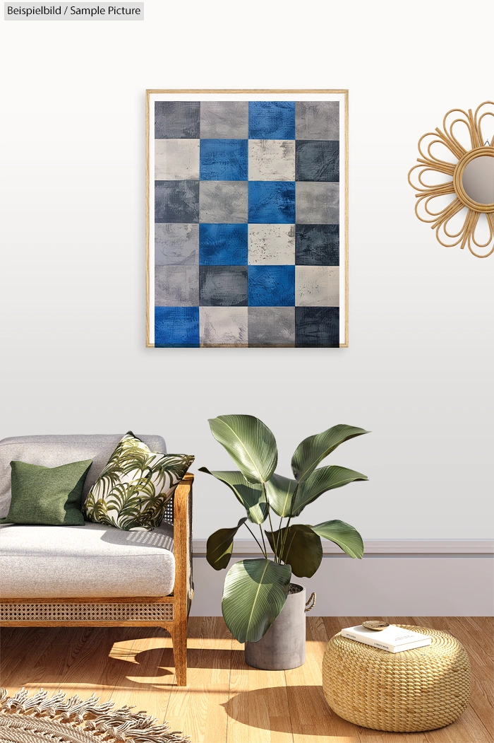 Living room with wicker chair, plant, and framed checkerboard art in blue and gray on the wall.