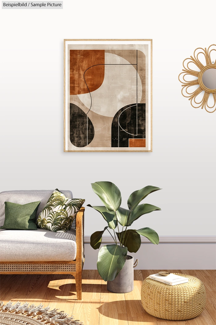 Modern living room with abstract geometric artwork and green plant on wooden floor.