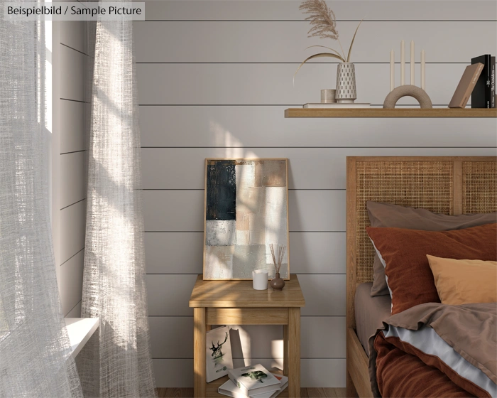 Cozy bedroom with shiplap wall, framed art on table, natural decor, brown bedding, and sunlight through curtains.