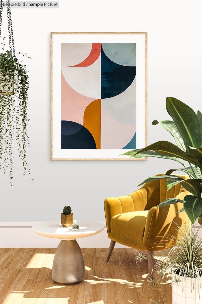 Modern abstract painting on wall, with a yellow armchair, potted plants, and small round table in a bright room.