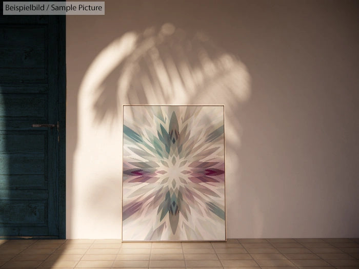 Geometric abstract artwork with pastel colors leaning against a wall with palm shadow.