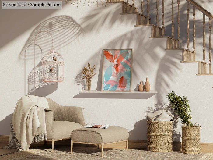 Cozy beige living area with modern chair, ottoman, plant baskets, birdcage, and abstract artwork on a floating shelf.