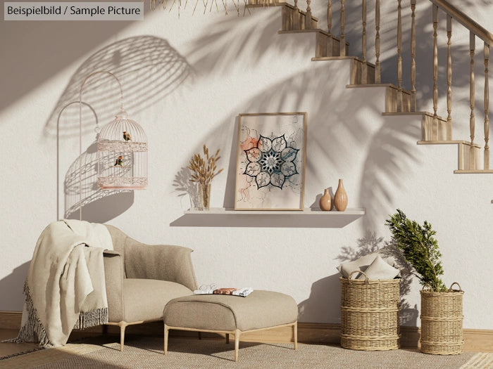 Cozy living room corner with armchair, ottoman, basket, artwork, and birdcage. Wooden stairs and soft lighting.