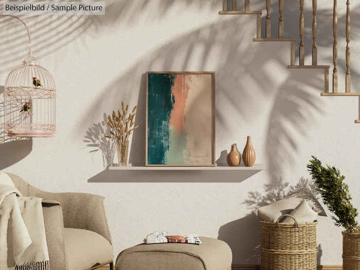 Cozy room with abstract painting, armchair, birdcage, and decorative vases on a shelf under staircase.