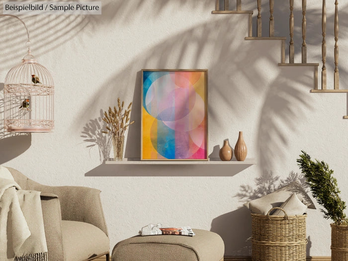 Modern living room with abstract art, beige armchair, minimalist decor, and a birdcage hanging on a textured wall.