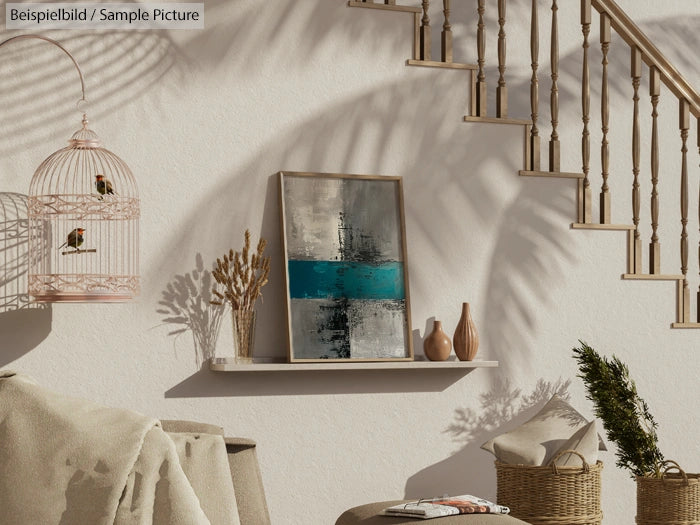 Modern interior with staircase, abstract painting, birdcage, and vase on a shelf against a light-colored wall.