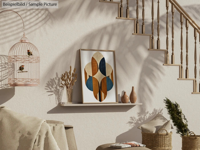 Cozy room with abstract leaf painting, wicker birdcage, and staircase casting soft shadows.