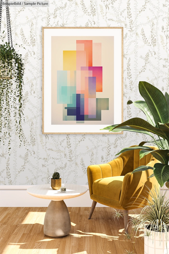 Colorful geometric abstract art in modern living room with yellow armchair, round table, and plants.