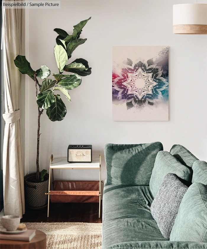 Modern living room with green sofa, potted plant, shelf with vintage radio, and abstract geometric art on the wall.