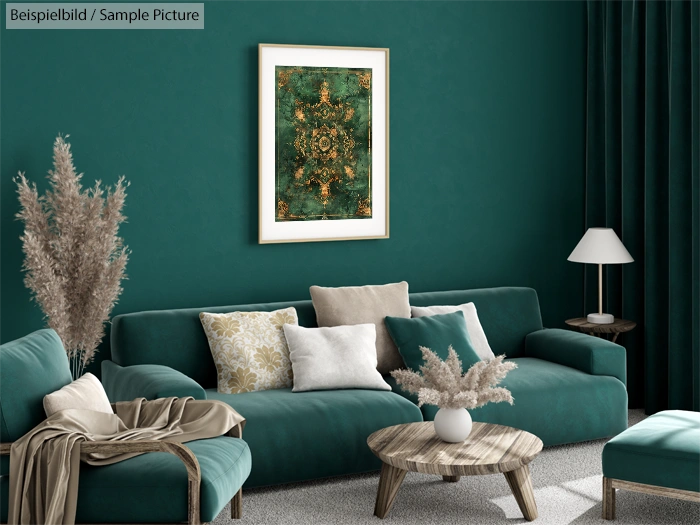 Stylish living room with teal walls, green sofa, beige cushions, art piece, wooden table, vase with pampas grass, and lamp.