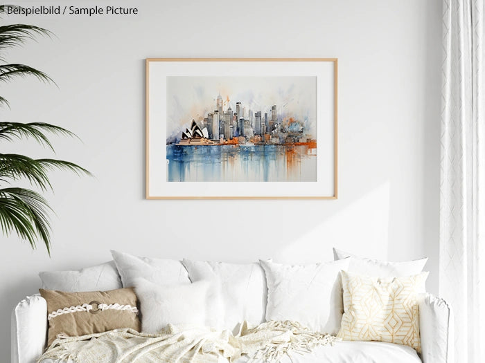 Framed cityscape artwork above a white sofa with cozy cushions and a leafy plant in a bright living room.