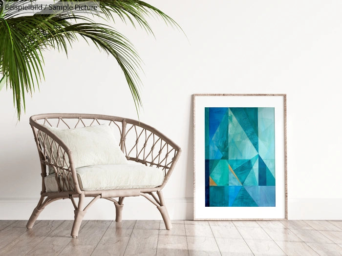 Modern living room with wicker chair and a geometric blue abstract art print on the floor.