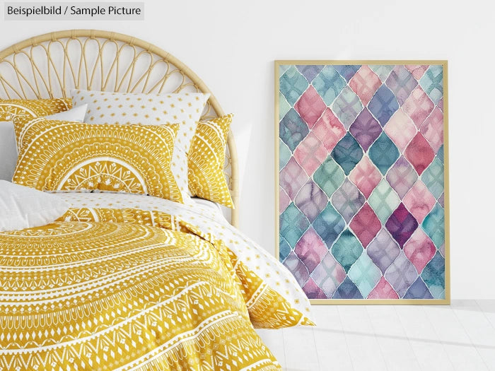 Colorful geometric painting beside bed with patterned yellow bedding in a minimalistic bedroom.