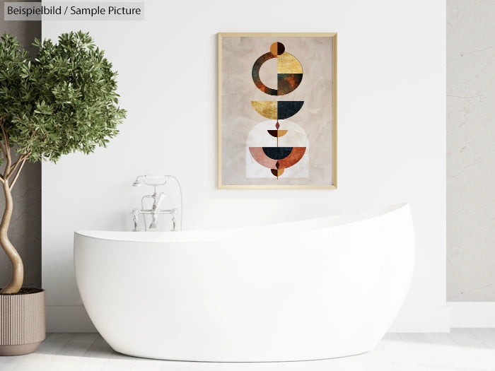 Minimal bathroom with white bathtub, plant, and geometric art on wall.