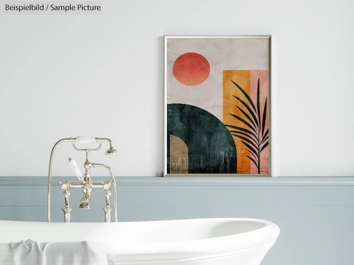 Bathroom with white tub and modern abstract artwork featuring geometric shapes and earthy colors on the wall.