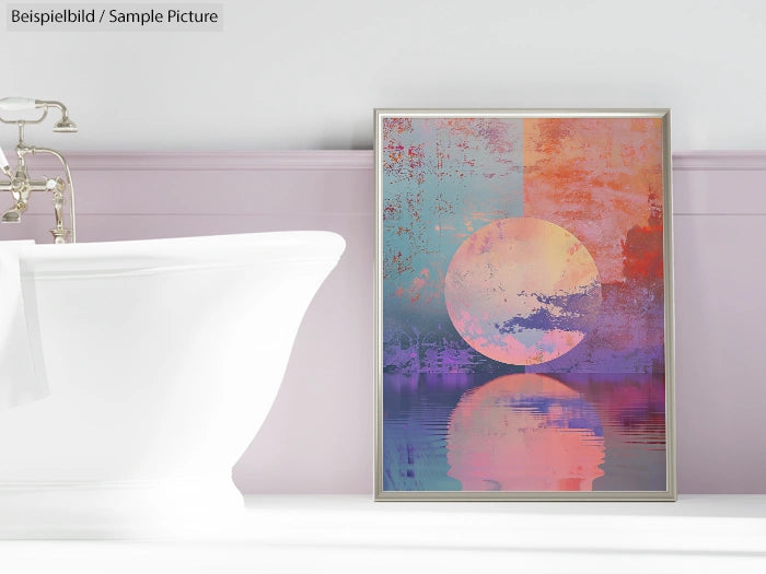 Abstract painting with circular and rectangular shapes in pastel colors, propped against a white bathtub in a modern bathroom.