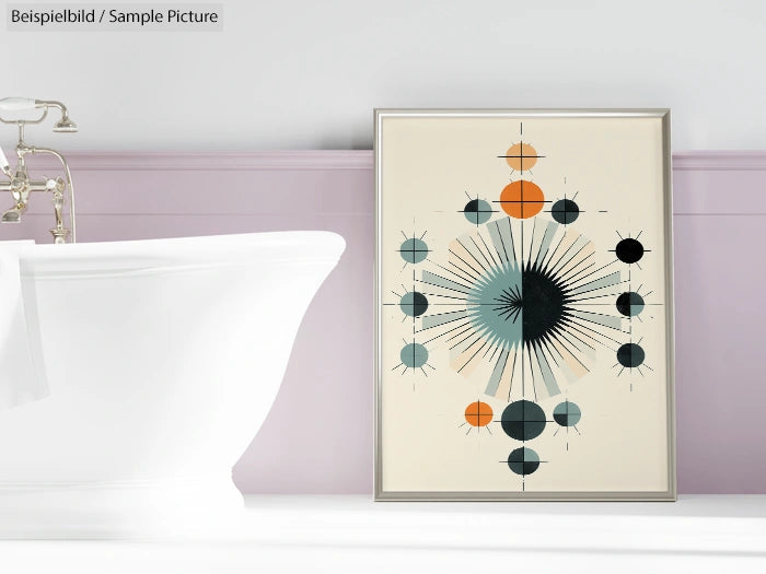 Bathroom wall with abstract art of colorful geometric circles and lines in a framed picture beside a white bathtub.