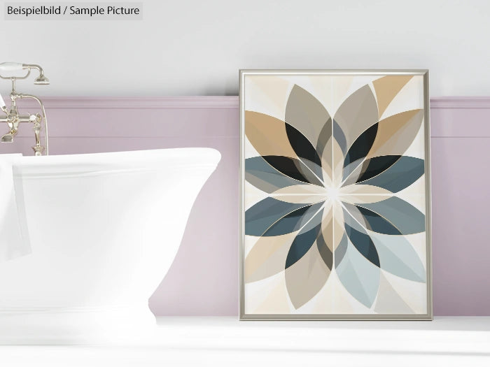 Bathroom with purple walls, white bathtub, and geometric floral art with earth tones leaning against the wall.