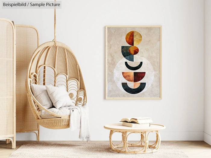 Modern living room with rattan hanging chair, abstract geometric artwork, and a low coffee table with an open book.