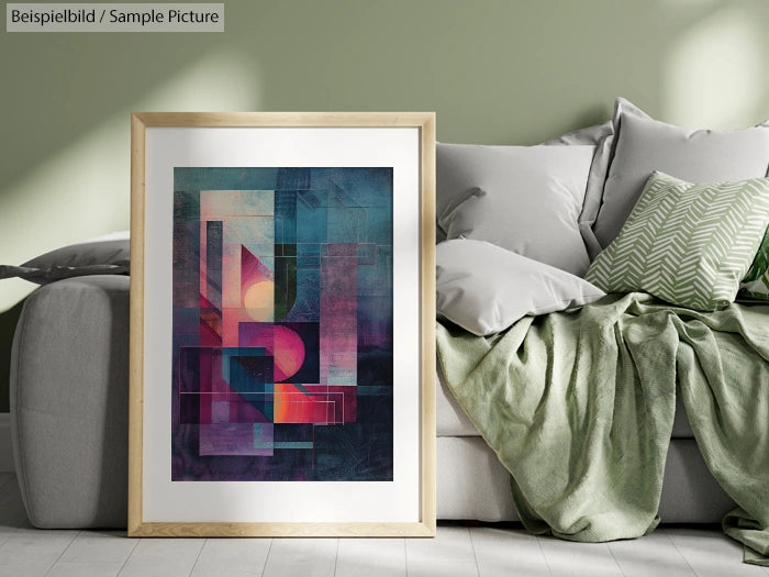 Abstract geometric artwork in wooden frame on couch with green blanket in modern living room setting.