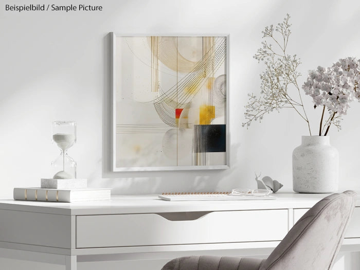 White desk with hourglass, plants, and abstract art on wall.