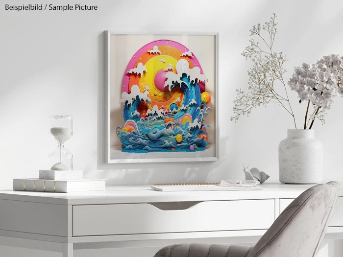 Colorful 3D paper art of a wave with pink sky in a white frame, displayed on a modern desk with decor items.