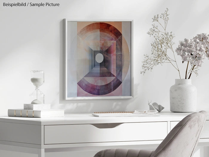 Minimalist desk with abstract geometric artwork, vase with dried flowers, and an hourglass on a white surface.