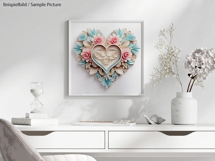 Elegant room with heart-shaped wall art, floral decor, and vases on a white desk.