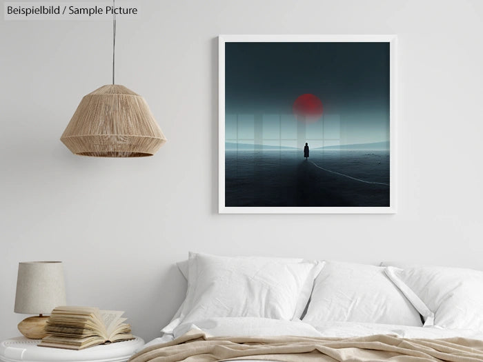 Minimalist bedroom with a wall art depicting a figure under a red sun. Neutral decor with a wicker lampshade and open book.