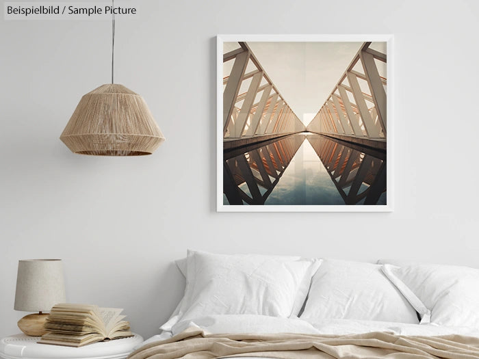 Modern bedroom with woven lamp, books, and framed abstract bridge photo on white wall.