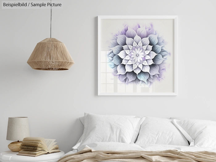 Stylish bedroom with a modern floral artwork and a woven pendant lamp above a neatly made bed with white bedding.