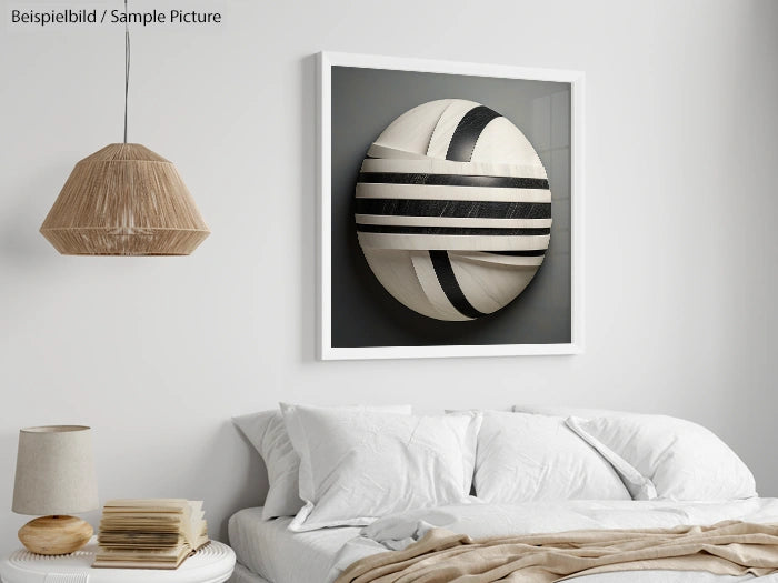 Modern bedroom with a circular abstract art piece on the wall and a wicker pendant light above the bed.