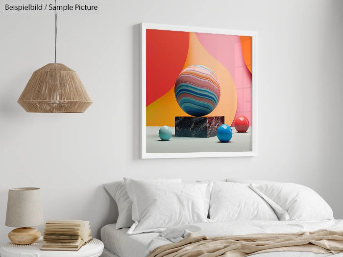 Modern bedroom with abstract art featuring colorful spheres above a white bed and wicker lampshade.