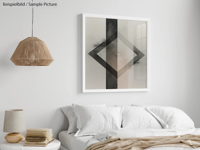 Minimalist bedroom with a geometric art piece on white wall, woven pendant lamp, and neatly arranged bed.