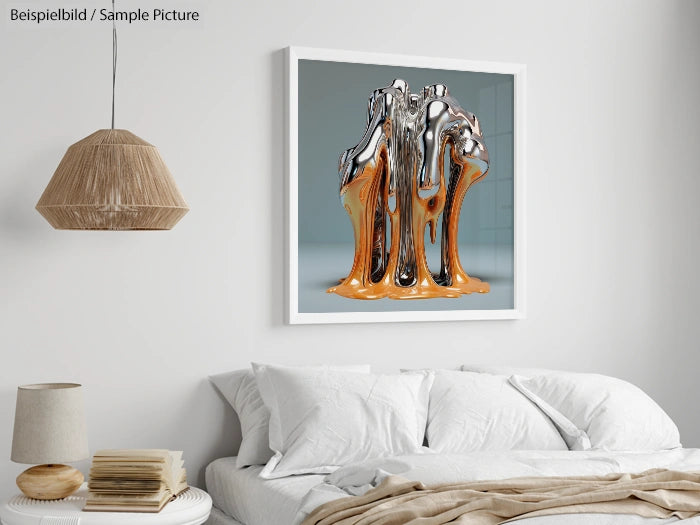 Modern bedroom with abstract art of melting chrome sculpture, white bedding, wicker lamp, and wooden side table.