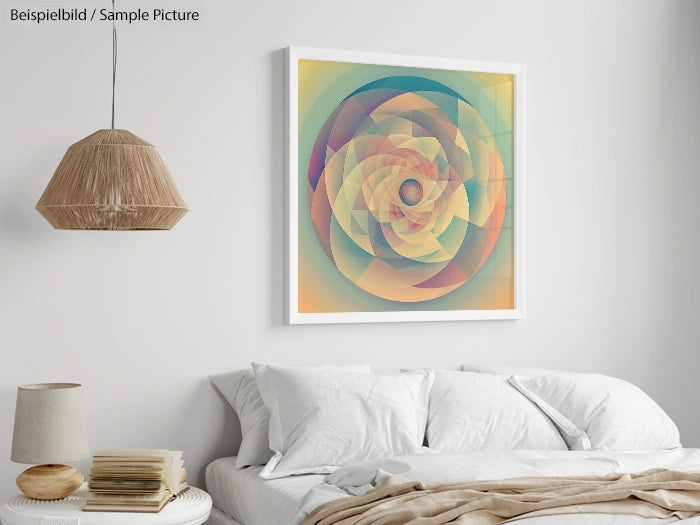 Modern bedroom with abstract spiral artwork above bed, wicker lamp, and neutral linens.