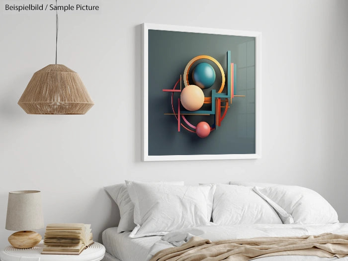 Modern bedroom with abstract wall art above bed, wicker lamp, and small wooden table.