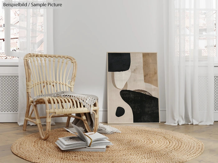 Minimalist room with wicker chair, abstract art, and open book on a round jute rug.