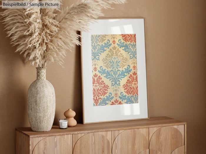 Decorative vase with pampas grass next to framed multicolored damask print on wooden cabinet against beige wall.