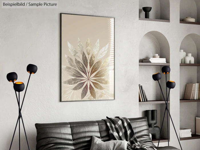 Modern living room with abstract floral artwork, black leather sofa, tripod lamps, and built-in shelves.