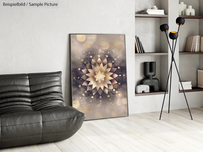 Modern living room with abstract geometric art on the floor, a black leather chair, and a tall lamp.