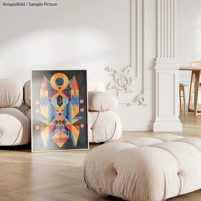 Modern living room with abstract geometric painting on floor, plush sofas, ornate wall design, and wooden flooring.