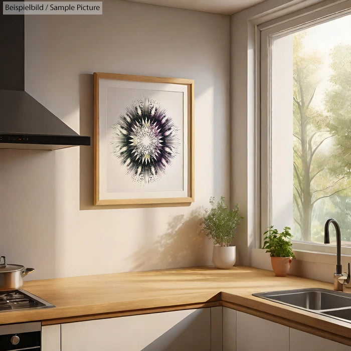 Modern kitchen with wooden countertops and abstract artwork on wall. Sunlight streaming through large window over sink.