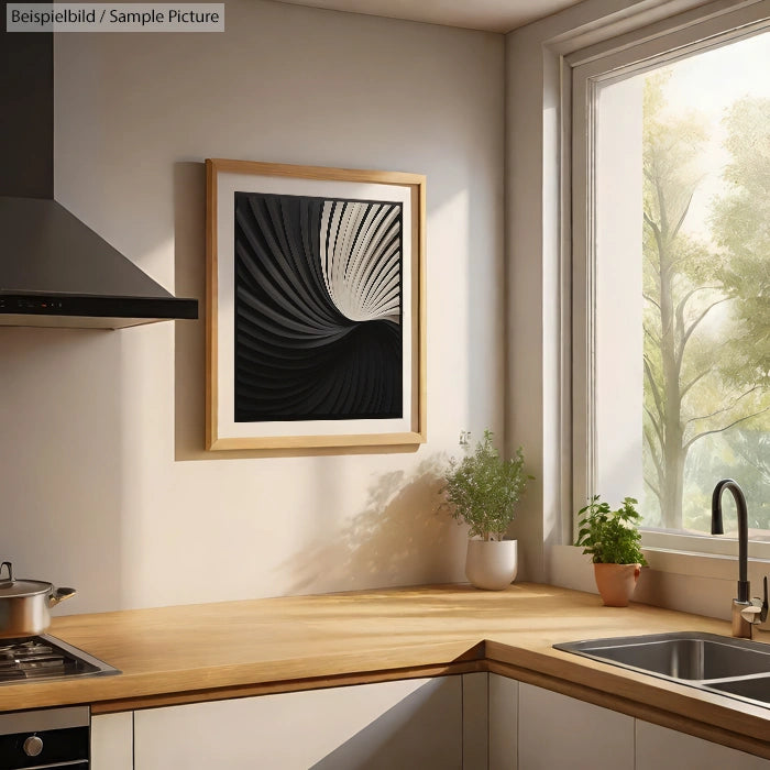 Modern kitchen with wooden countertops, abstract black and white art, and a large window with view of trees.