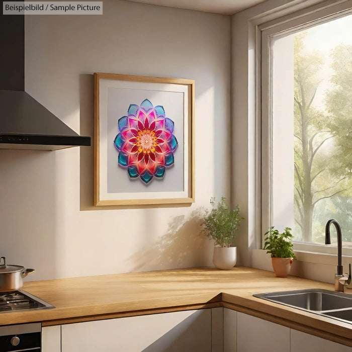 Modern kitchen with wooden countertops, potted plant, and colorful geometric artwork on the wall.