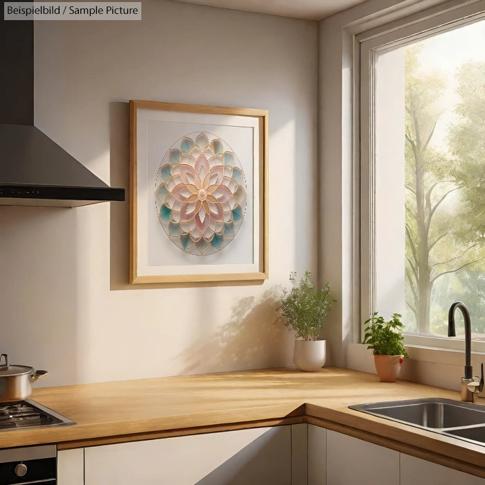 Sunlit kitchen with wooden counters, potted plant, and framed geometric artwork on the wall by a large window.