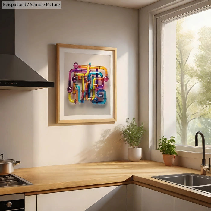 Bright kitchen with modern art on wall, large window, wooden countertops, and a small potted plant near the sink.